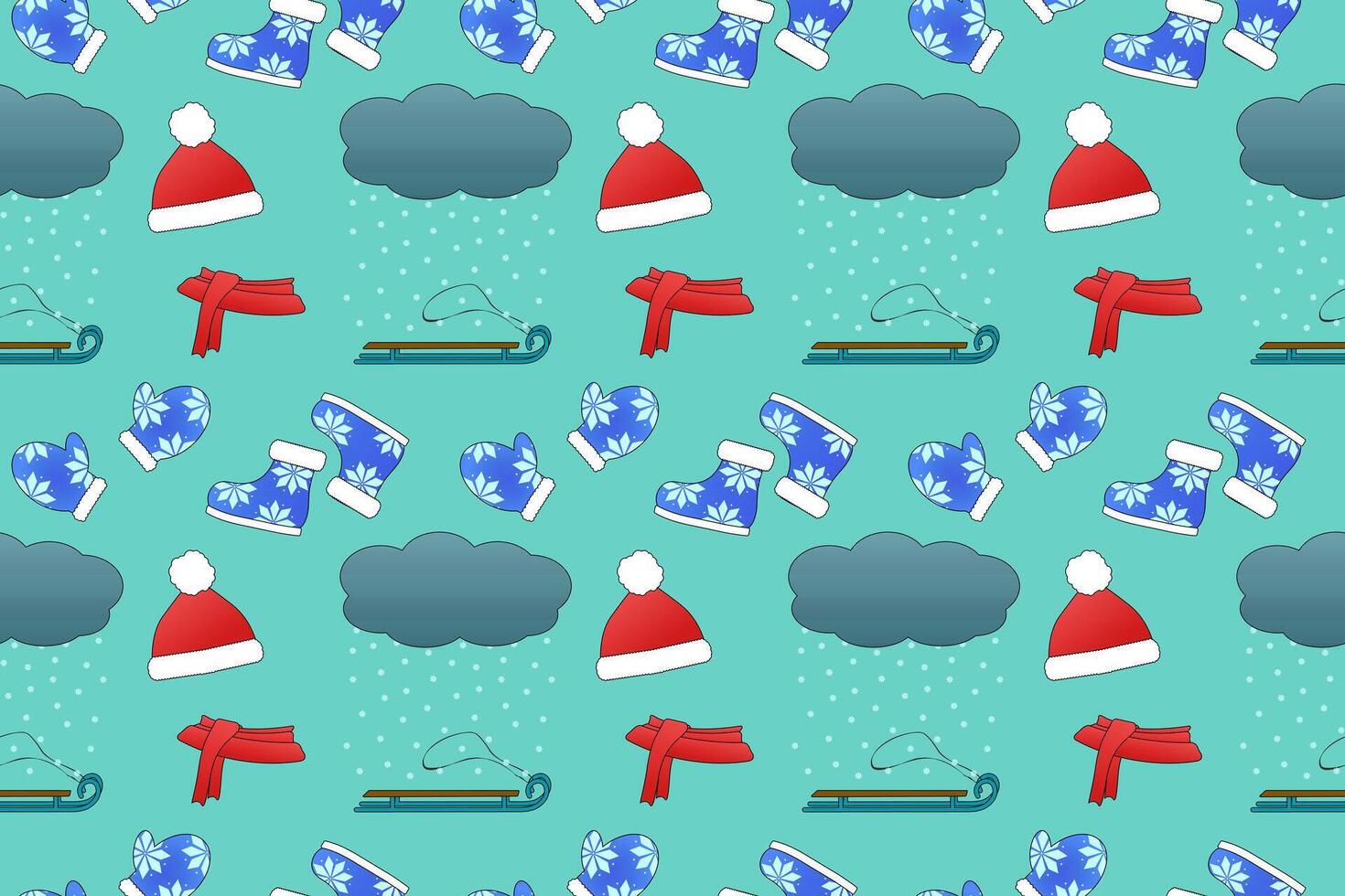 Christmas and New Years seamless pattern with winter accessories, sled, and snowfall. Perfect for festive designs and holiday decor. vector