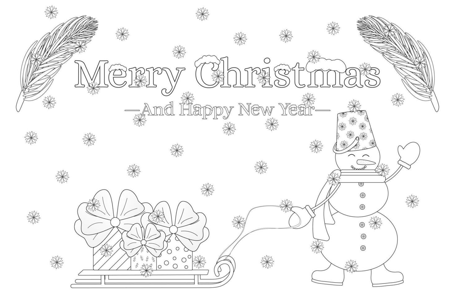 Festive Christmas coloring page with a cheerful snowman pulling a sleigh full of gifts, perfect for holiday-themed creative activities. vector