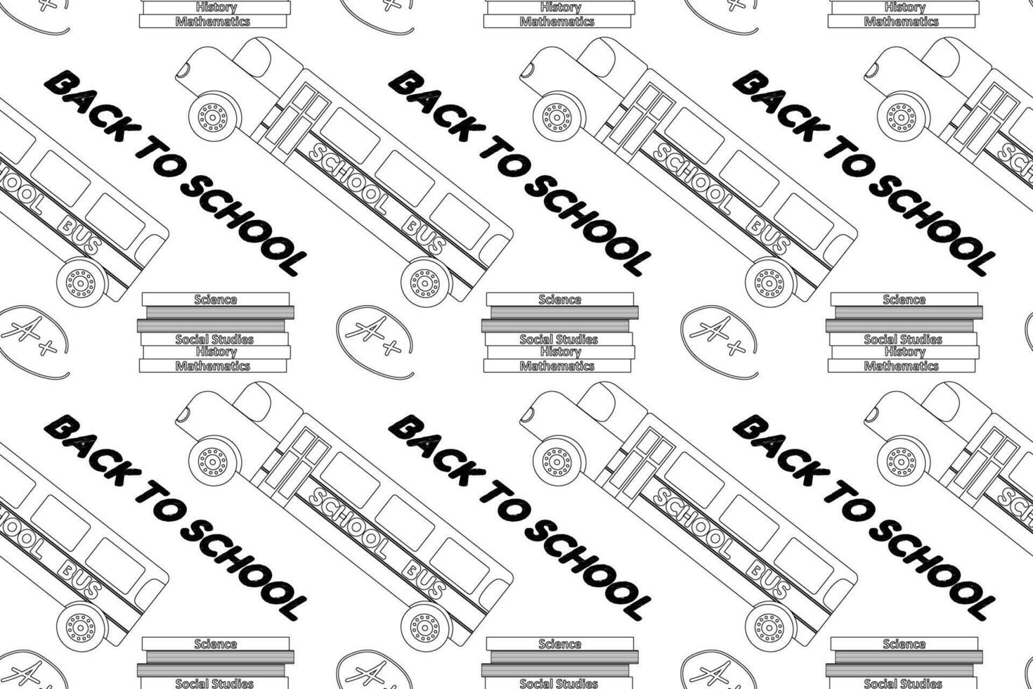 Simple back-to-school themed coloring page with buses, books, and educational elements. Great for kids and classroom activities. vector