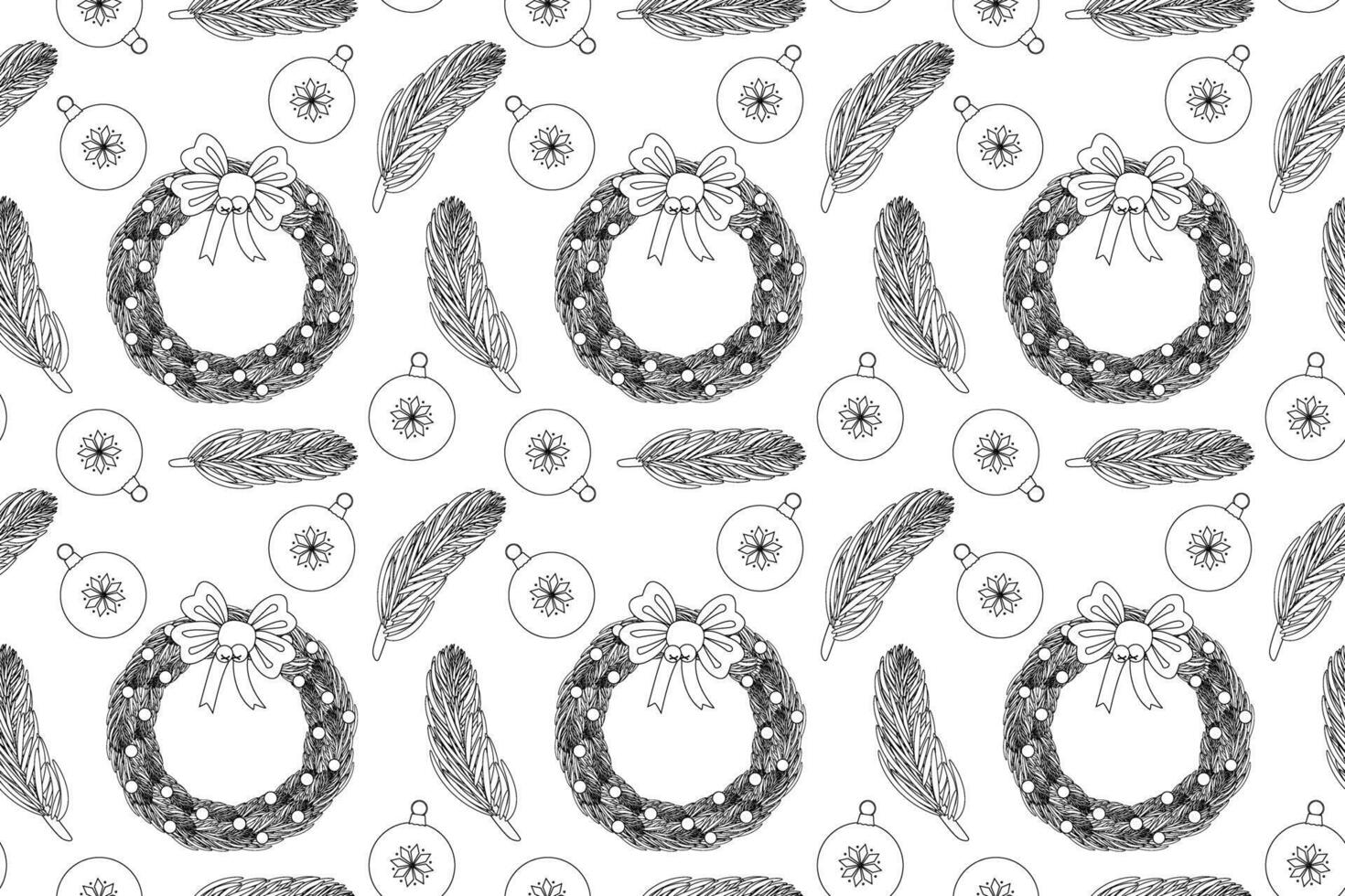 Festive Christmas wreaths, pine branches, and baubles in a seamless black-and-white pattern. Perfect for holiday coloring activities. vector