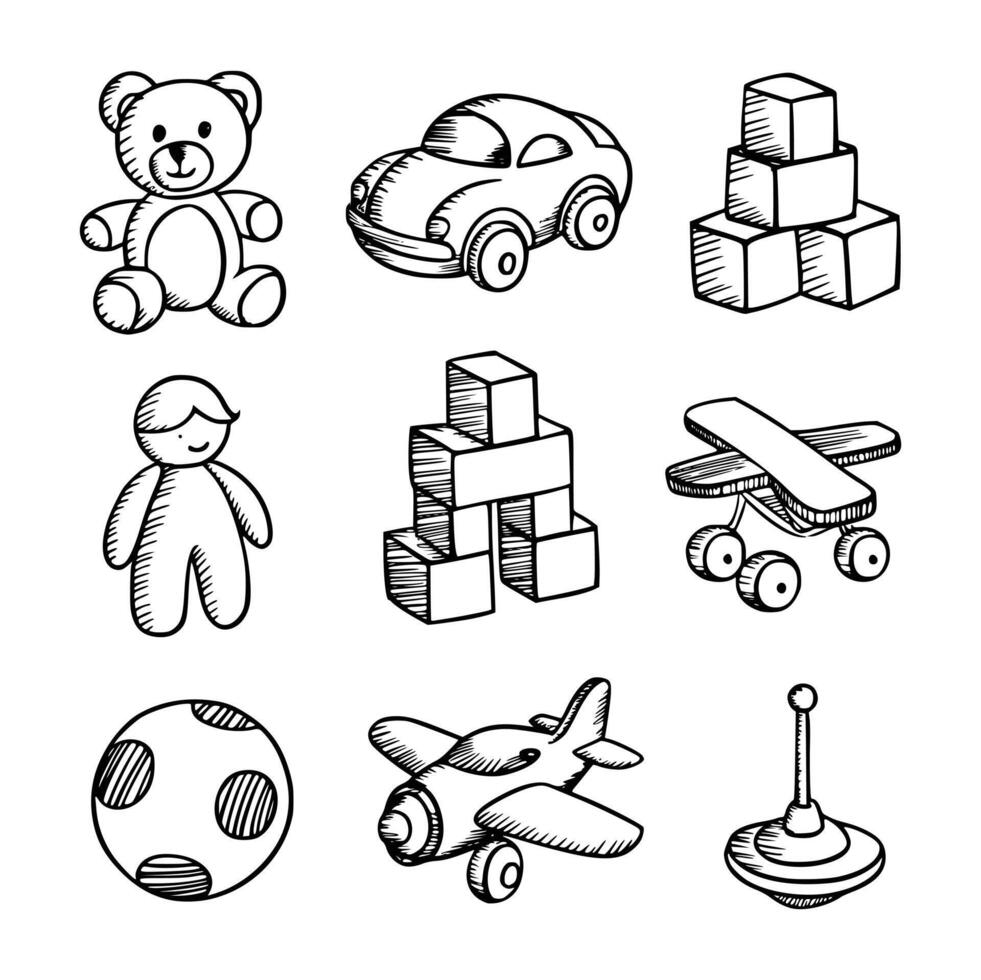 Vintage Toy Set A Collection of Classic Toys, Doodle Illustration, , High-Resolution Stock Image vector
