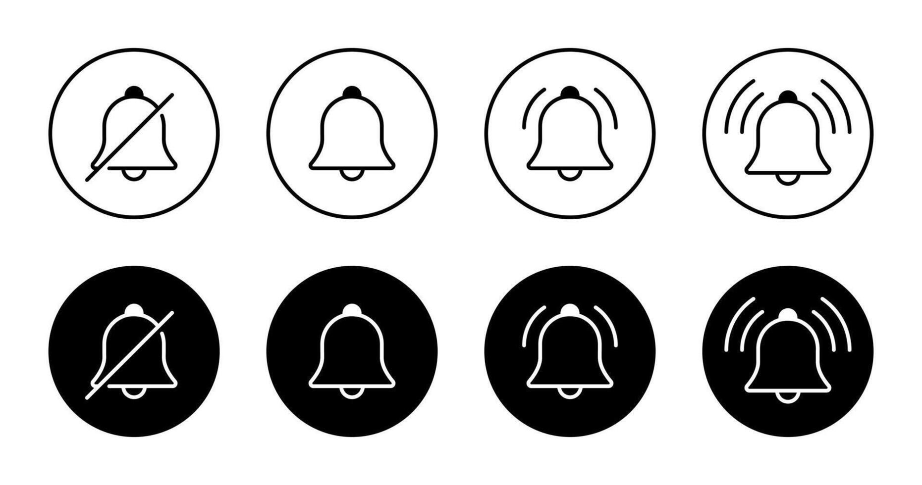 Silent bell and notification icon set collection on black circle. New notice outline sign symbol vector