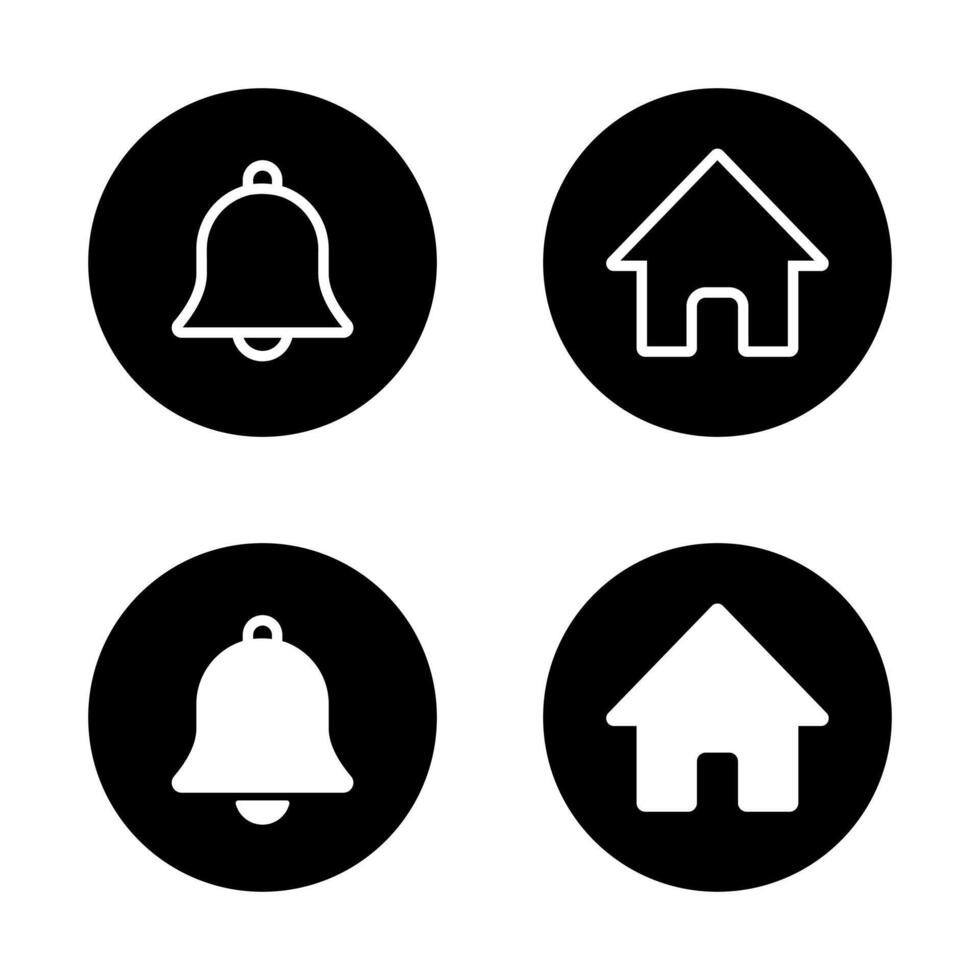 Notification bell and home icon on black circle. New notice and house sign symbol vector
