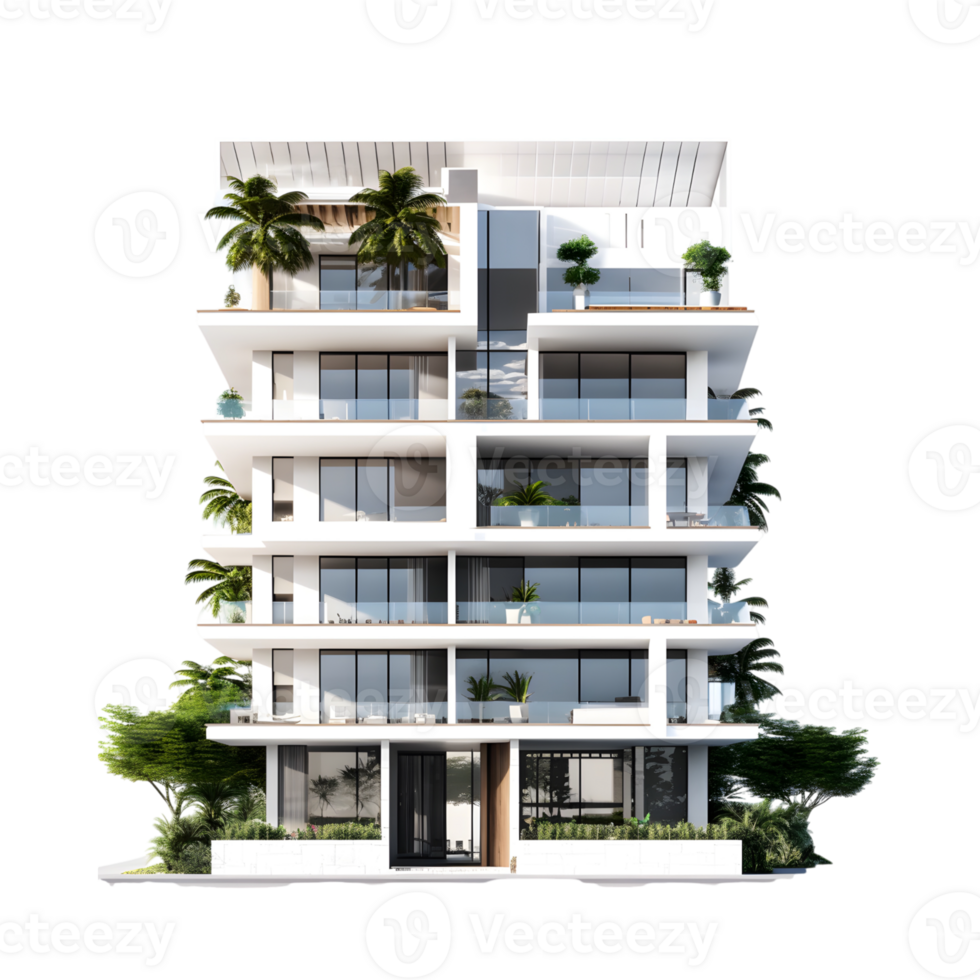 Realistic 3D Apartment Building Model Isolated with Detailed Design Elements png