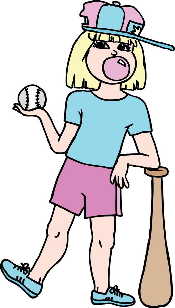 a drawing of a girl with a pink hat and a baseball bat vector