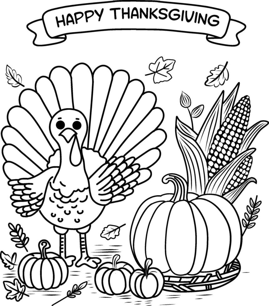 Happy Thanksgiving Coloring Page with Turkey vector