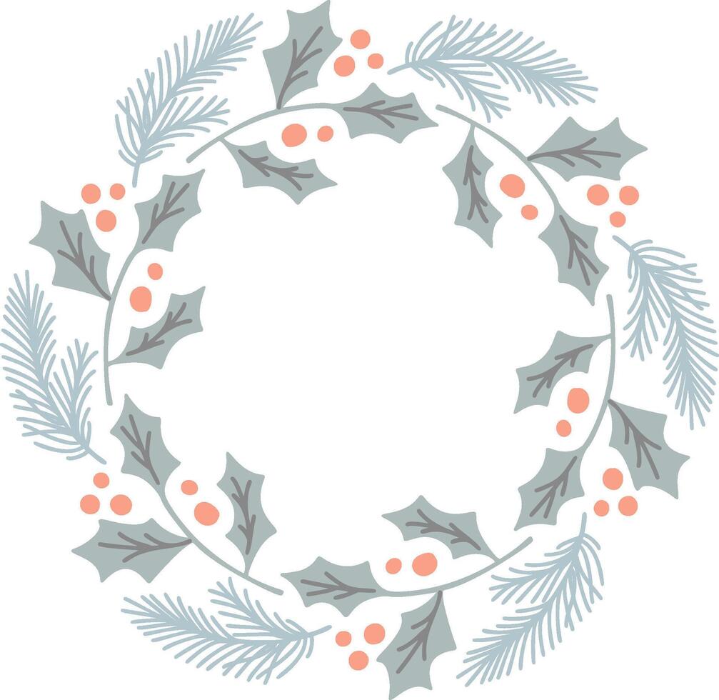 Christmas wreath with holly, berries, and pine branches creating festive decoration frame for holiday winter cards vector