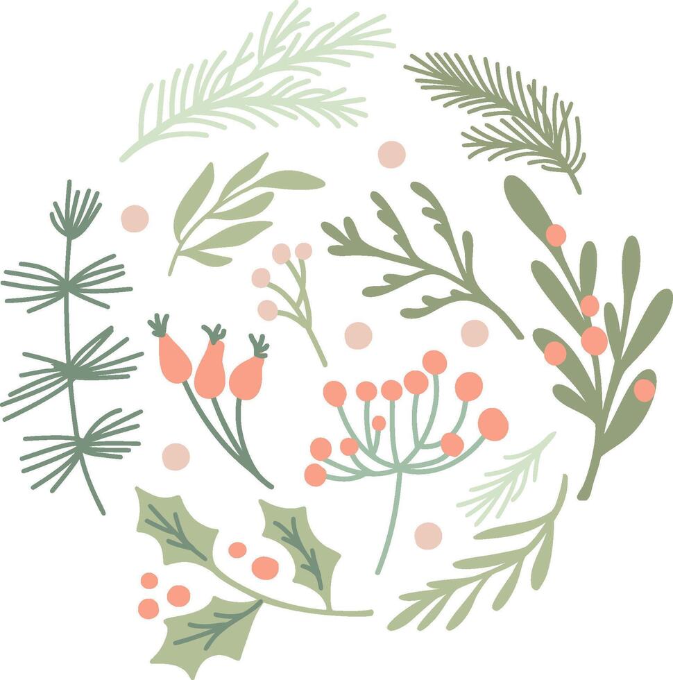 Christmas foliage creating a festive circle on white background for holiday winter cards vector