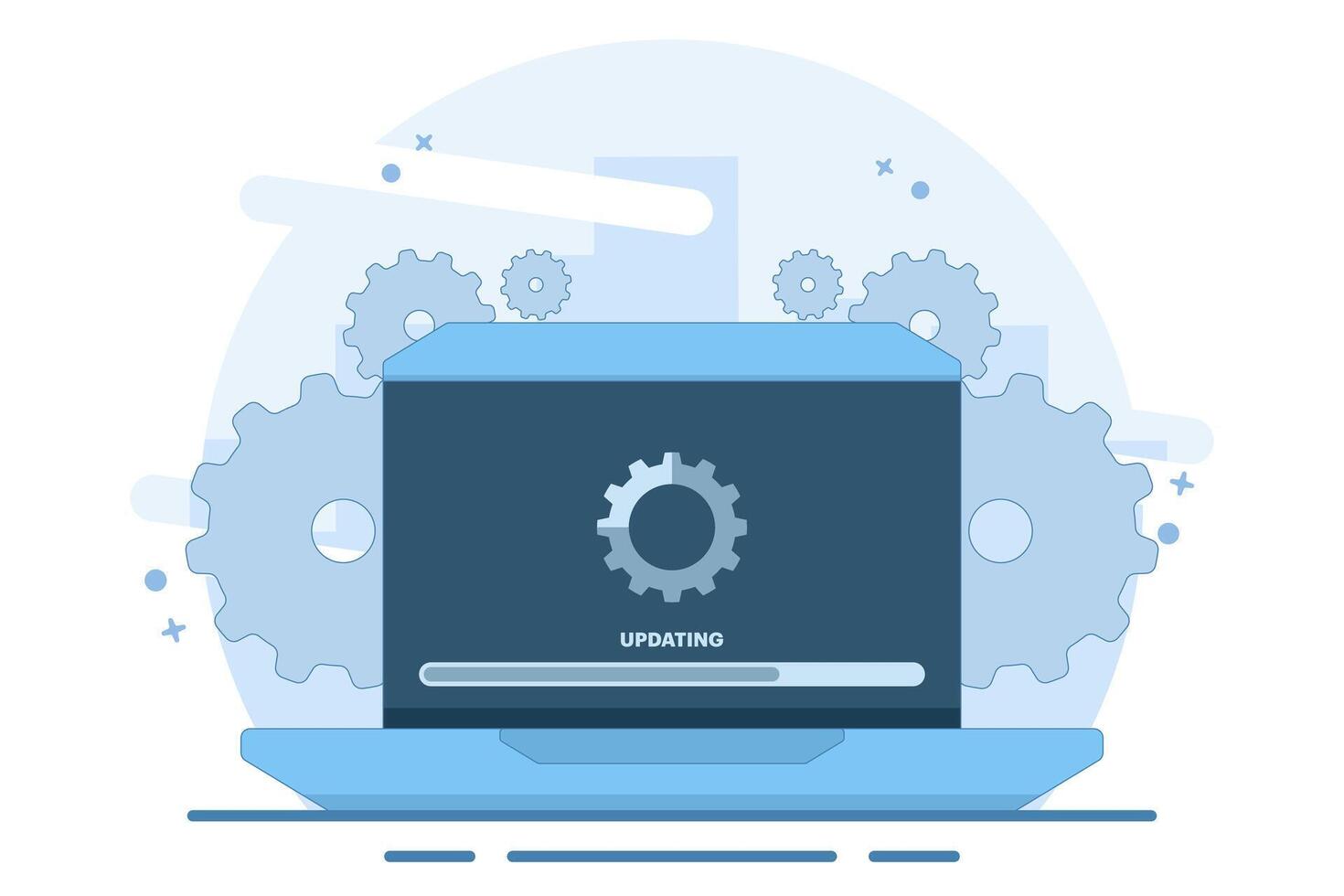 Laptop computer with software update screen, System maintenance, update process, operating system update, software installation, operating system. Flat illustration on background. vector