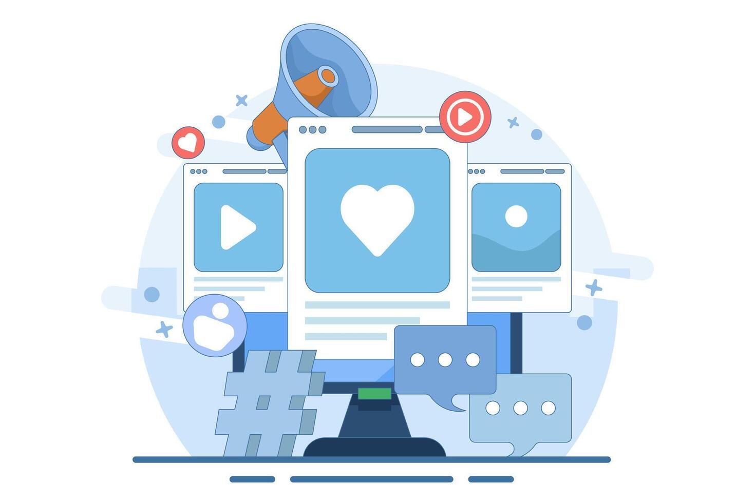 Social media marketing concept for landing page, web banner, app. Online business strategy, business content strategy, marketing materials, digital marketing online connection. Flat illustration. vector