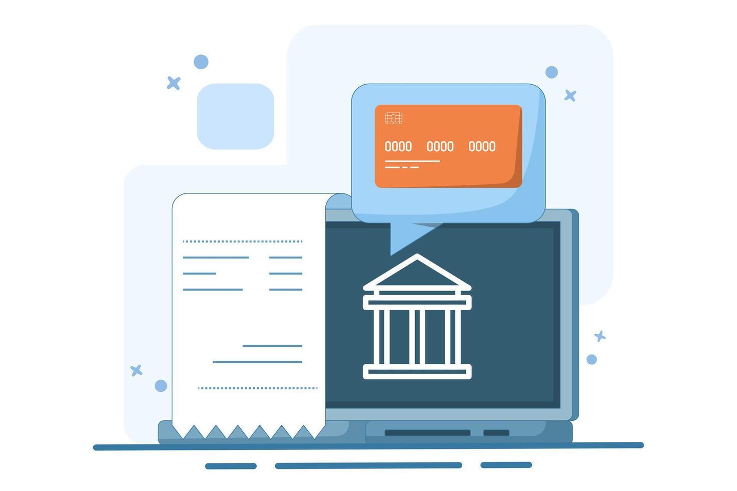 online payment concept on computer, flat cartoon paying big bill via payment card and laptop, financial accounting, electronic payment notification with digital receipt. illustration. vector