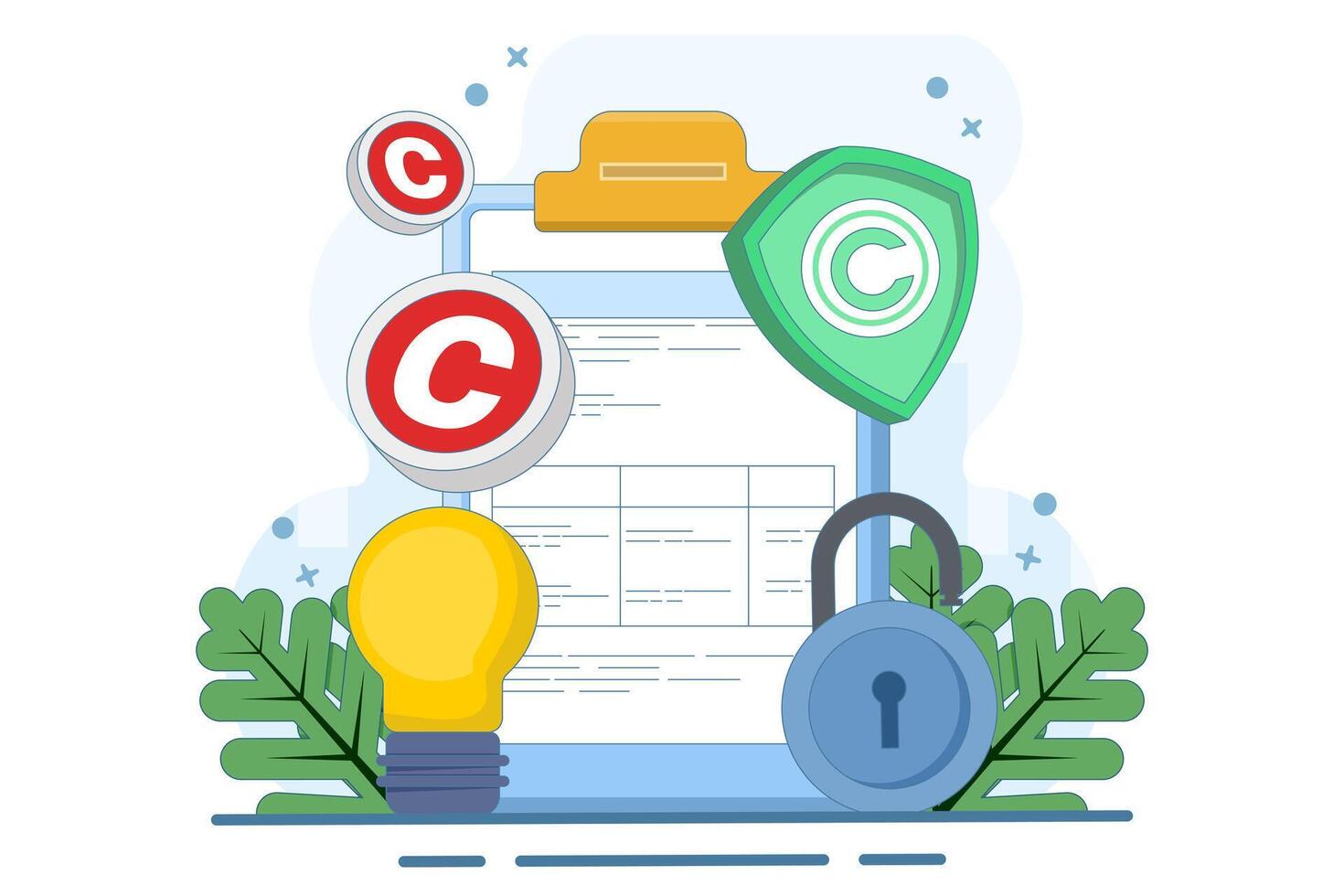 Intellectual property protection concept. copyright patent law, copyright protected by law, patent protection, intellectual property, copyright symbol, legal document. Flat illustration. vector