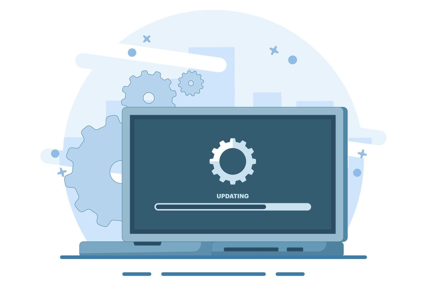 Laptop computer with software update screen, System maintenance, update process, operating system update, software installation, operating system. Flat illustration on background. vector