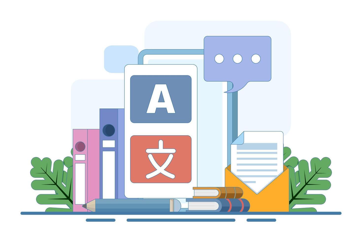 Modern online language learning classes, literal translation, language assistant, e-learning concept. Language courses for website and mobile app development. Flat illustration. vector