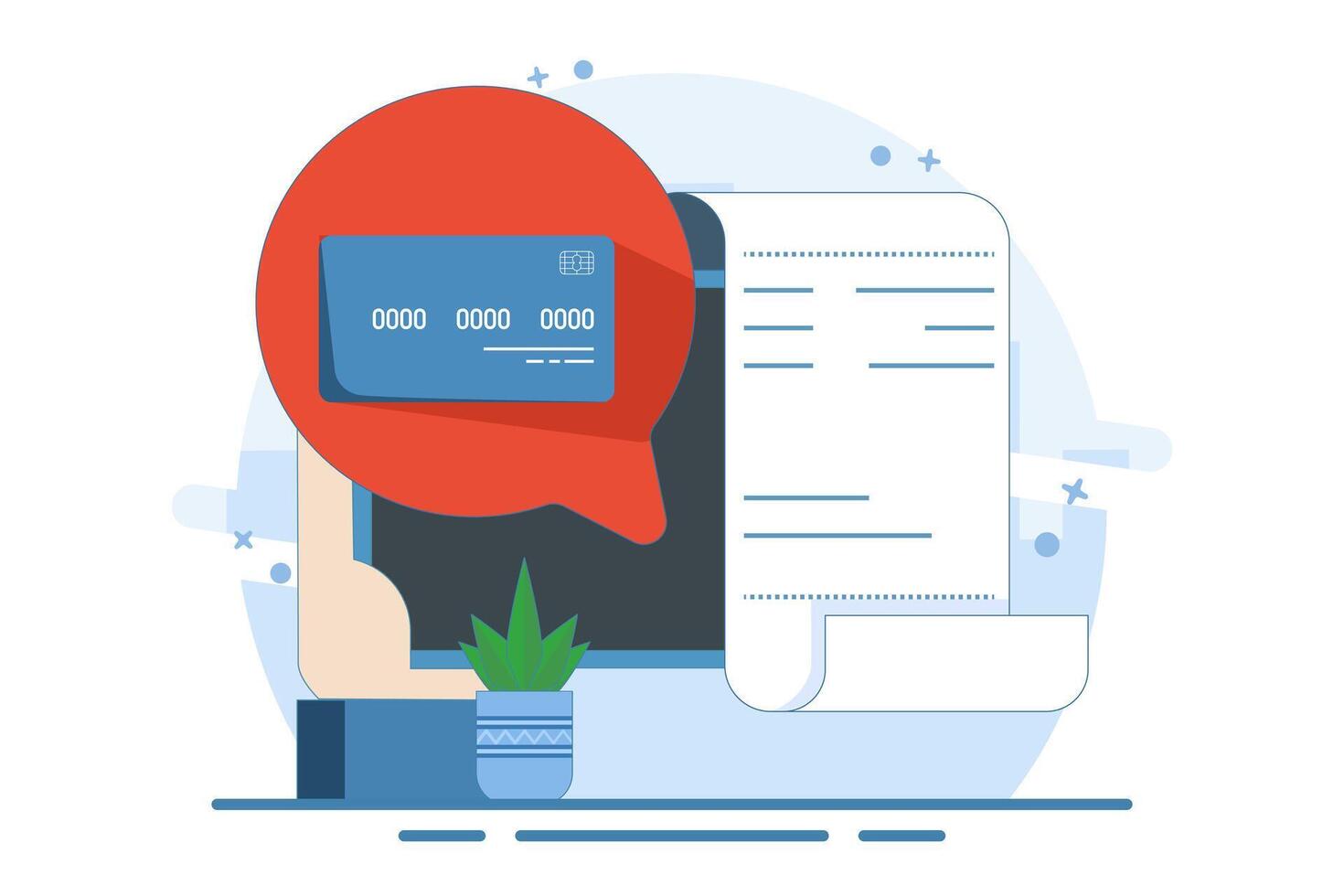 online payment concept on computer, flat cartoon paying big bill via payment card and laptop, financial accounting, electronic payment notification with digital receipt. illustration. vector