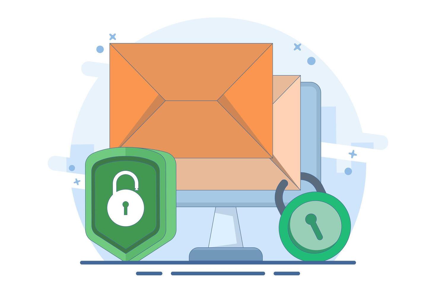Email service security concept, Electronic email messages as part of business marketing. Cybersecurity, digital data protection suite. Protecting online access to email in an electronic mailbox. vector