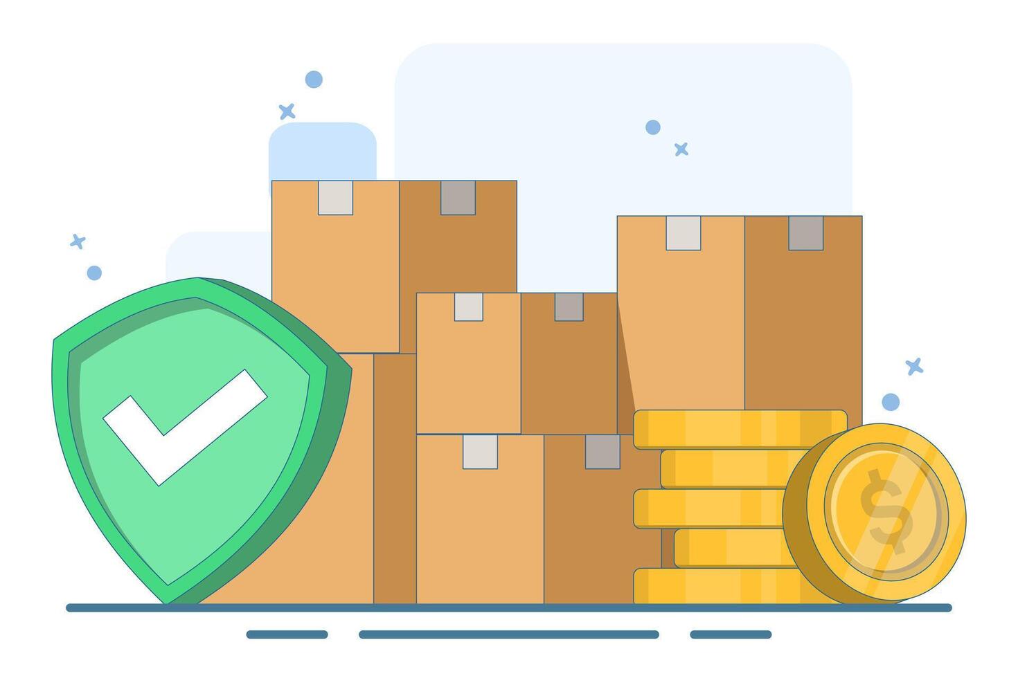Concept of cargo delivery and financial guarantee protection of parcel transportation, concept of protective shield of logistics courier service. Flat illustration on background. vector