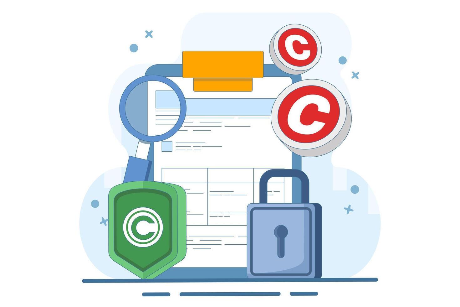 Intellectual property protection concept. copyright patent law, copyright protected by law, patent protection, intellectual property, copyright symbol, legal document. Flat illustration. vector