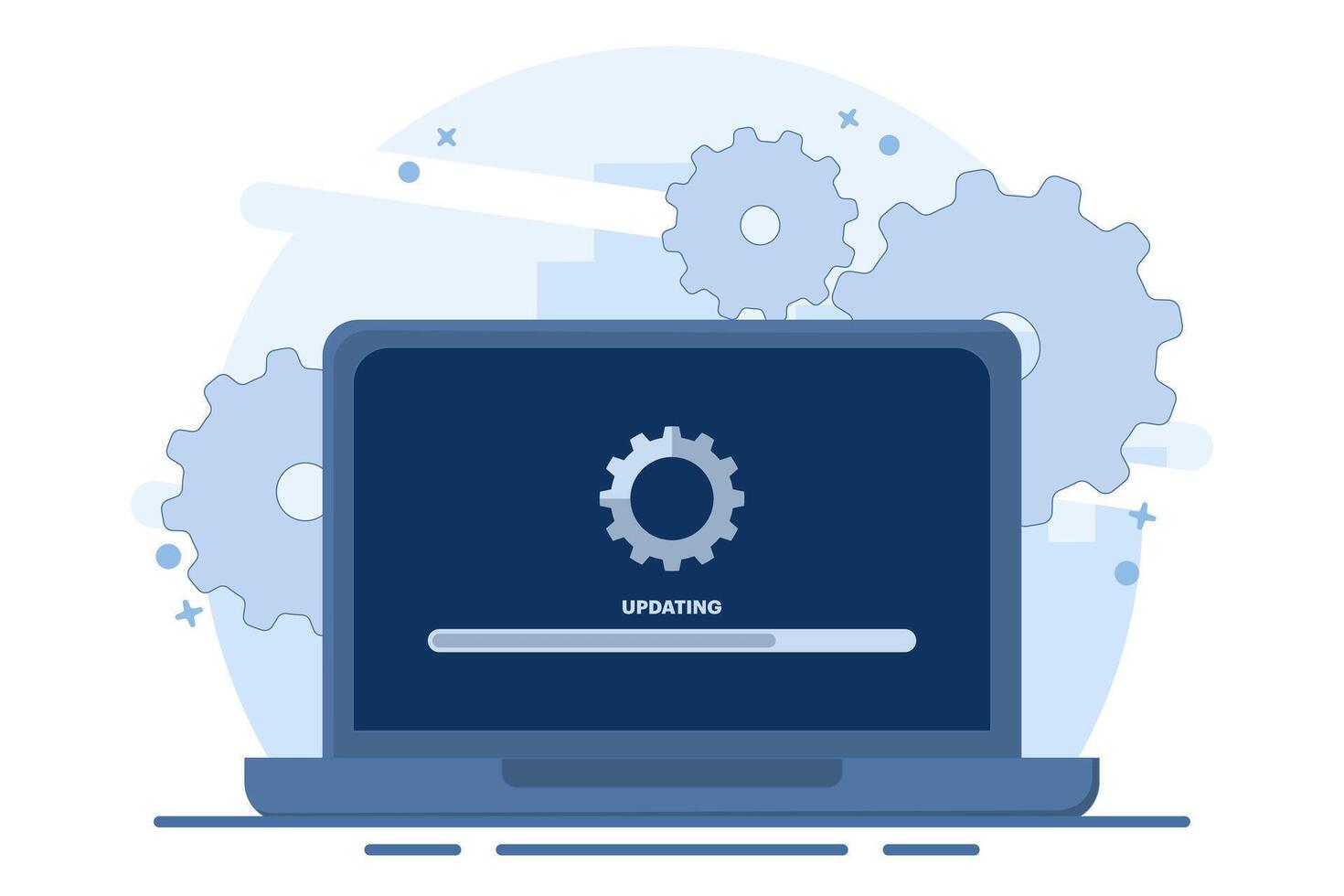 Laptop computer with software update screen, System maintenance, update process, operating system update, software installation, operating system. Flat illustration on background. vector