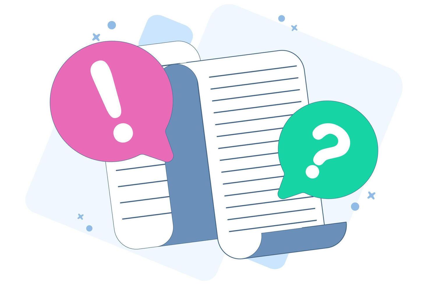 Concept Document file paper collaboration review comment. question mark and exclamation mark discussion about writing text content image clipart. illustration icon graphic flat. vector