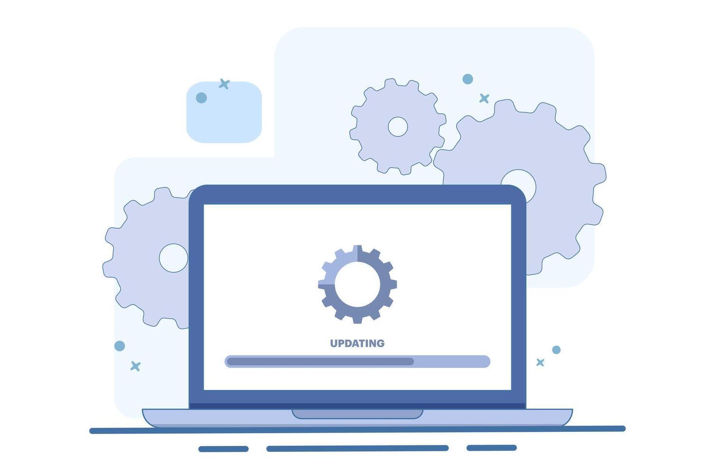 Laptop computer with software update screen, System maintenance, update process, operating system update, software installation, operating system. Flat illustration on background. vector