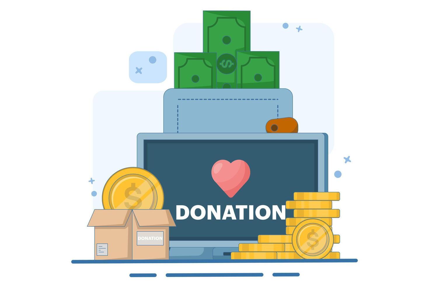 Charity Donation Concept, online donation with full attention to help and support others, giving money or volunteering, mobile social app concept to help others. flat illustration. vector