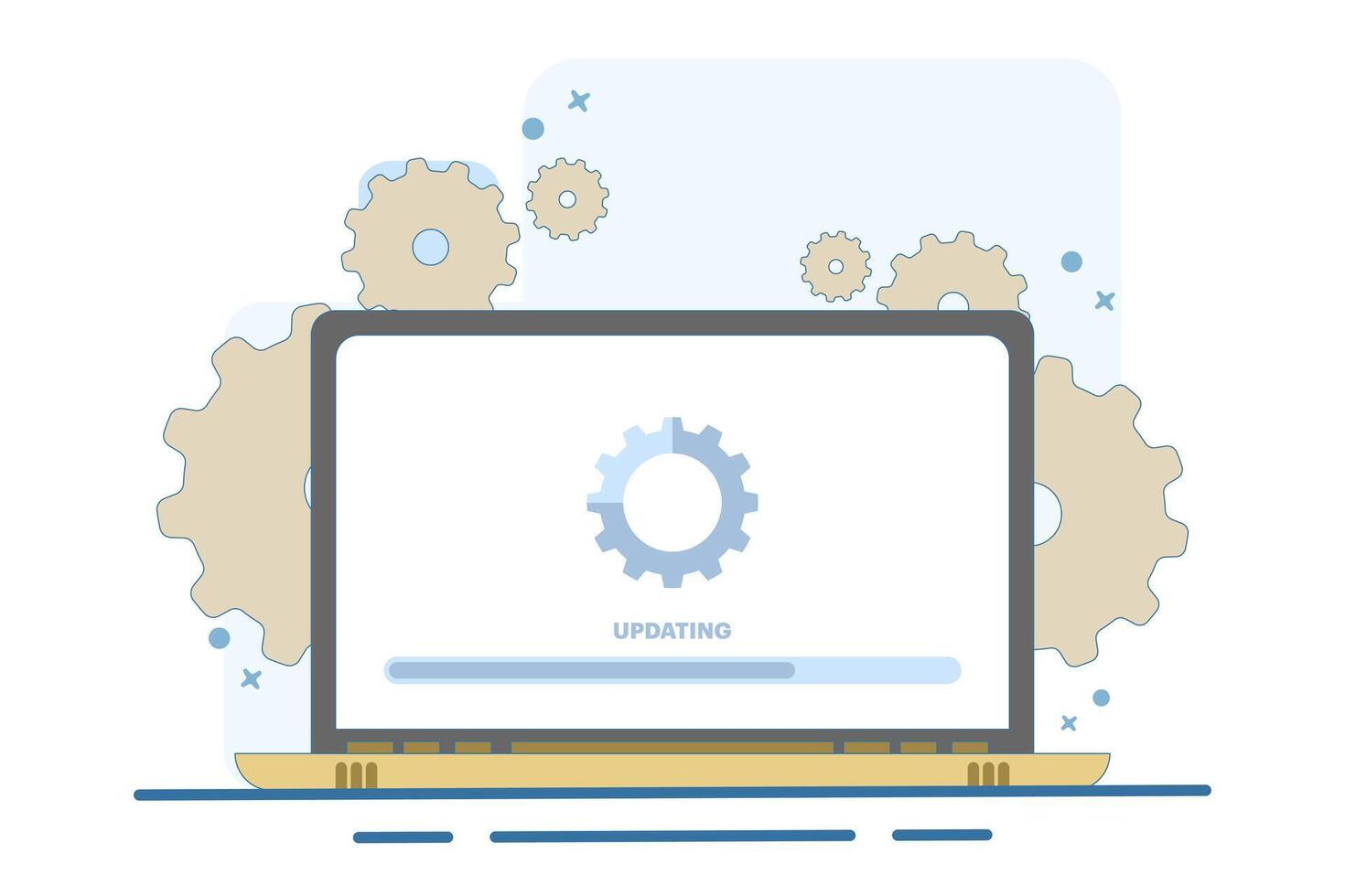 Laptop computer with software update screen, System maintenance, update process, operating system update, software installation, operating system. Flat illustration on background. vector