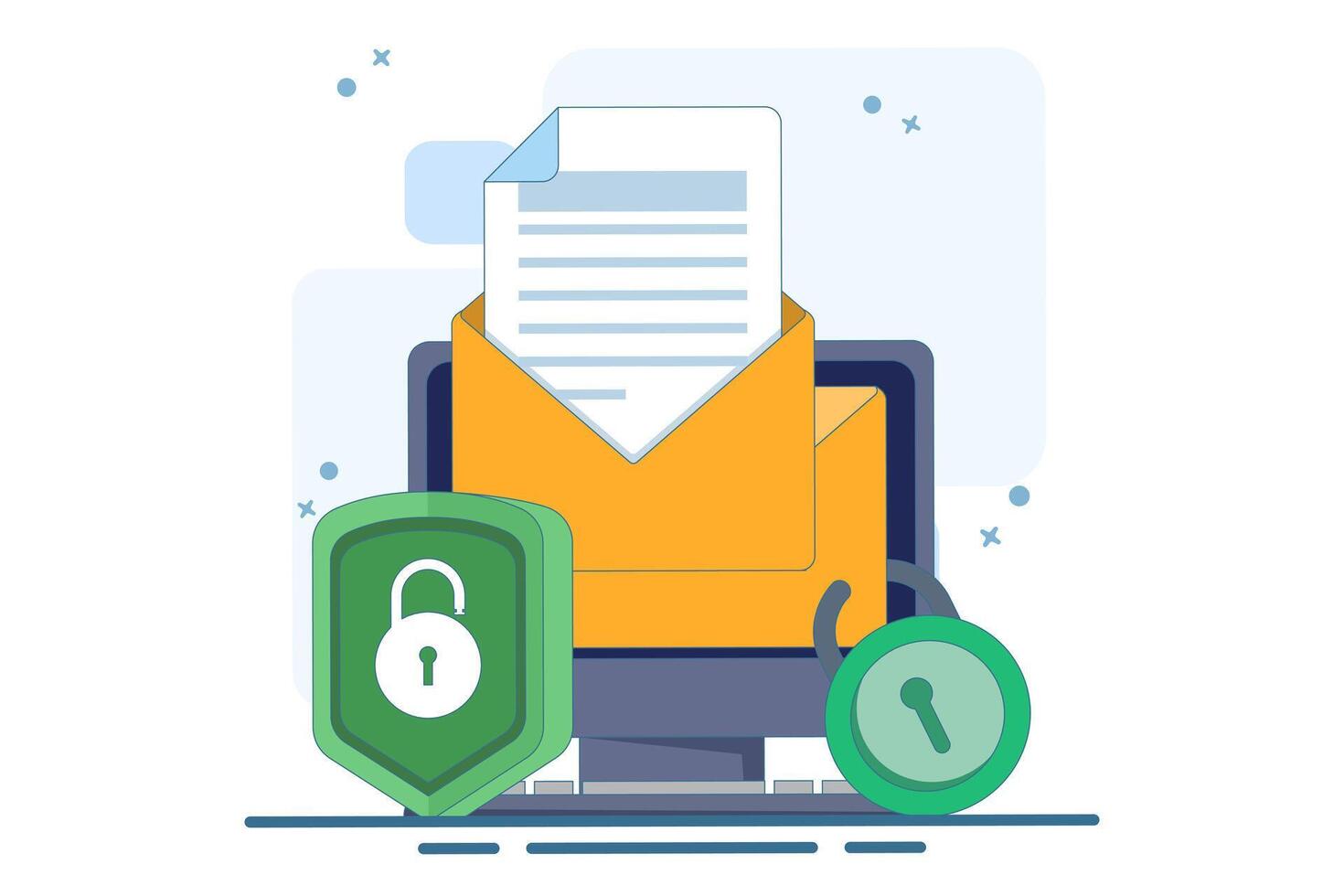 Email service security concept, Electronic email messages as part of business marketing. Cybersecurity, digital data protection suite. Protecting online access to email in an electronic mailbox. vector