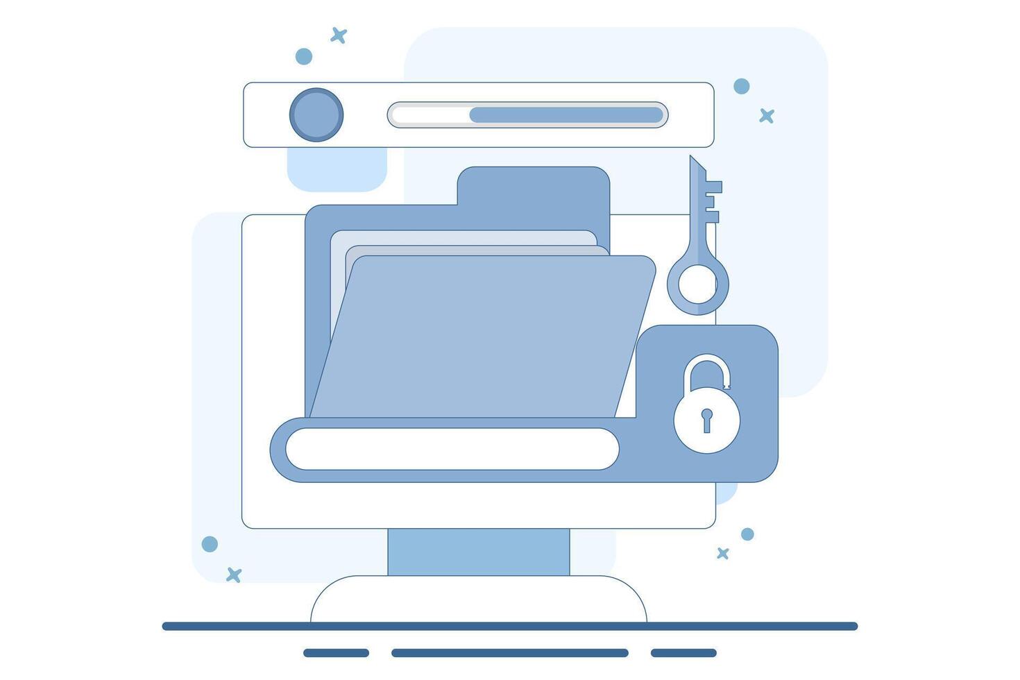 Data protection concept, data protection for personal privacy, data storage, information, protection, permission, rules, cyber safety and security. old giant file, key and lock. vector