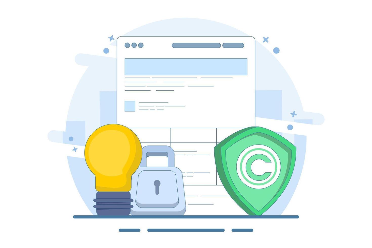 Intellectual property protection concept. copyright patent law, copyright protected by law, patent protection, intellectual property, copyright symbol, legal document. Flat illustration. vector