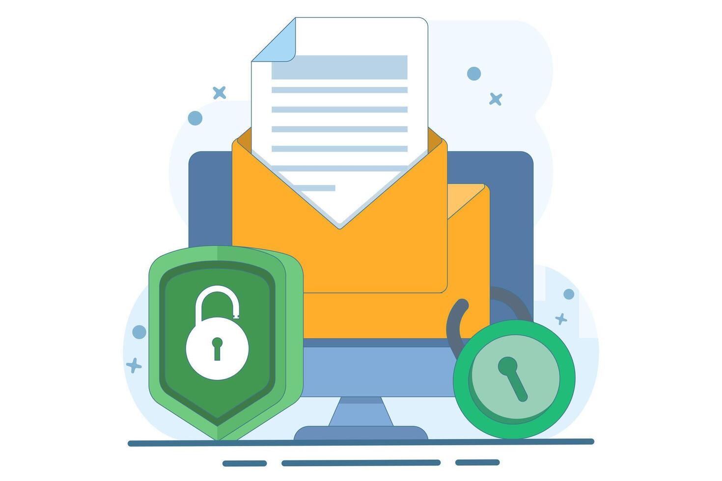 Email service security concept, Electronic email messages as part of business marketing. Cybersecurity, digital data protection suite. Protecting online access to email in an electronic mailbox. vector
