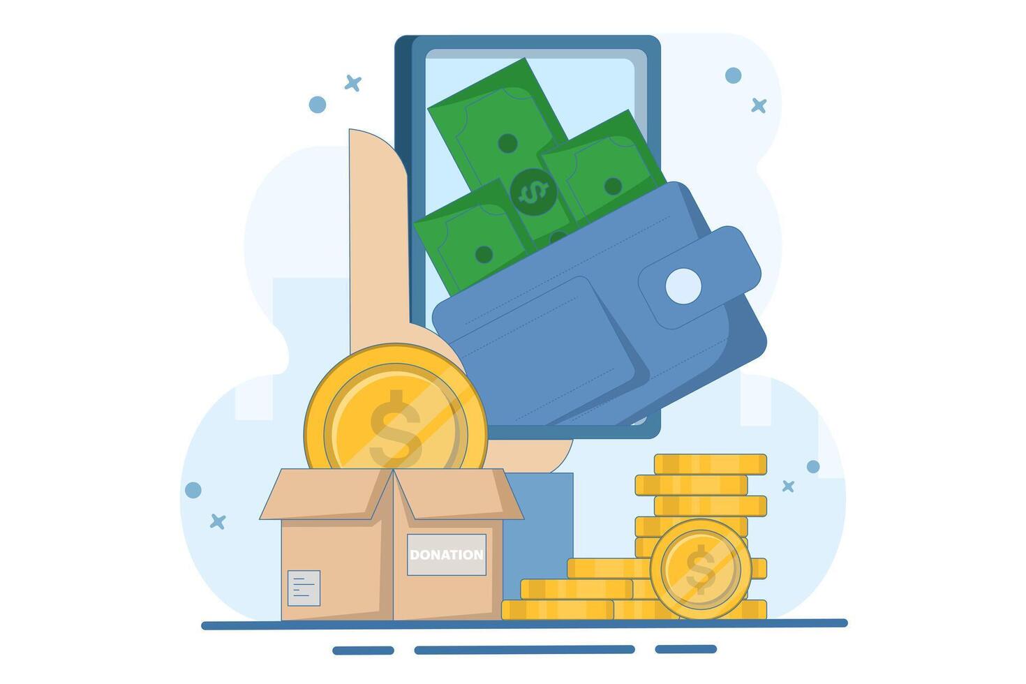Charity Donation Concept, online donation with full attention to help and support others, giving money or volunteering, mobile social app concept to help others. flat illustration. vector