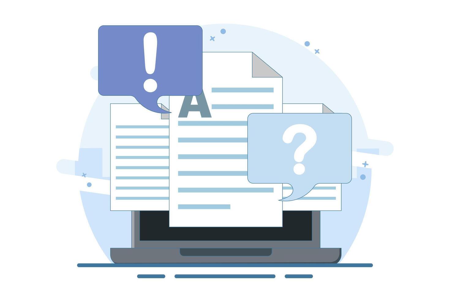 Concept Document file paper collaboration review comment. question mark and exclamation mark discussion about writing text content image clipart. illustration icon graphic flat. vector
