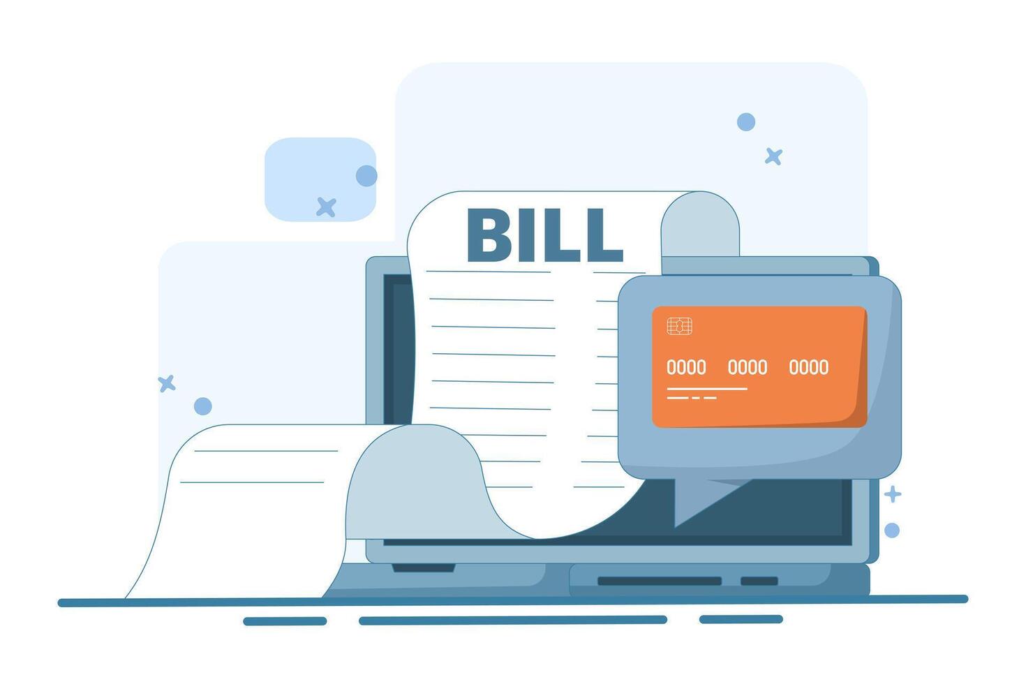 online payment concept on computer, flat cartoon paying big bill via payment card and laptop, financial accounting, electronic payment notification with digital receipt. illustration. vector