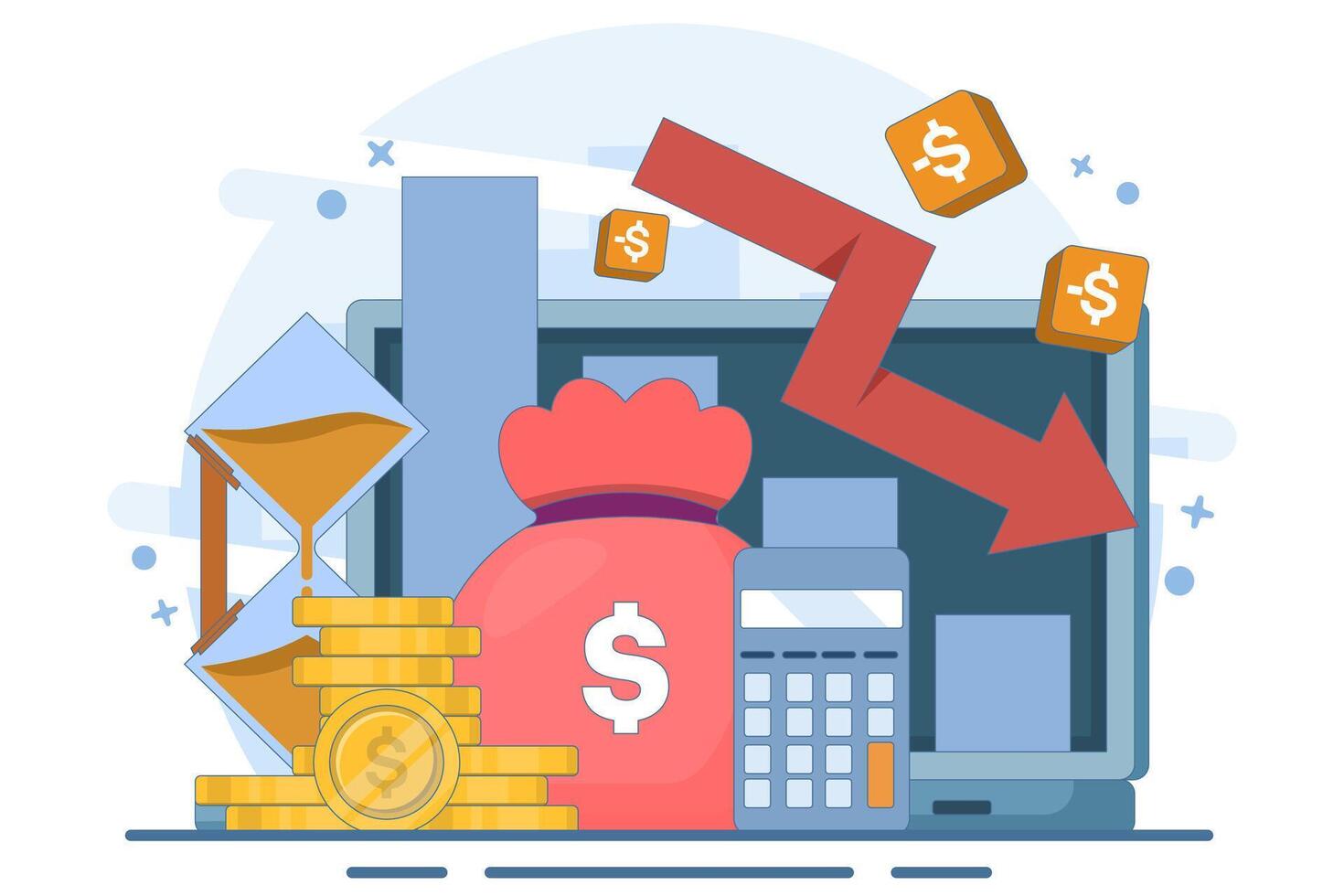 Cost reduction concept. Sales down, financial crisis. Business finance down. Loss crisis, bankruptcy down. Can be used for web pages, banners, mobile apps. Illustration vector