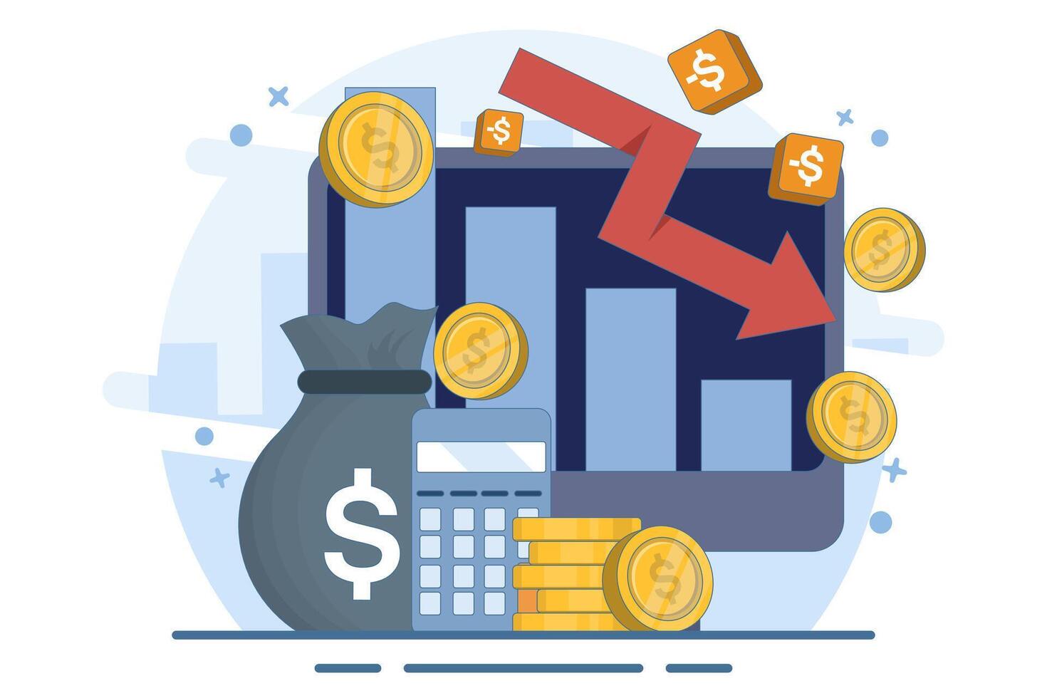 Cost reduction concept. Sales down, financial crisis. Business finance down. Loss crisis, bankruptcy down. Can be used for web pages, banners, mobile apps. Illustration vector
