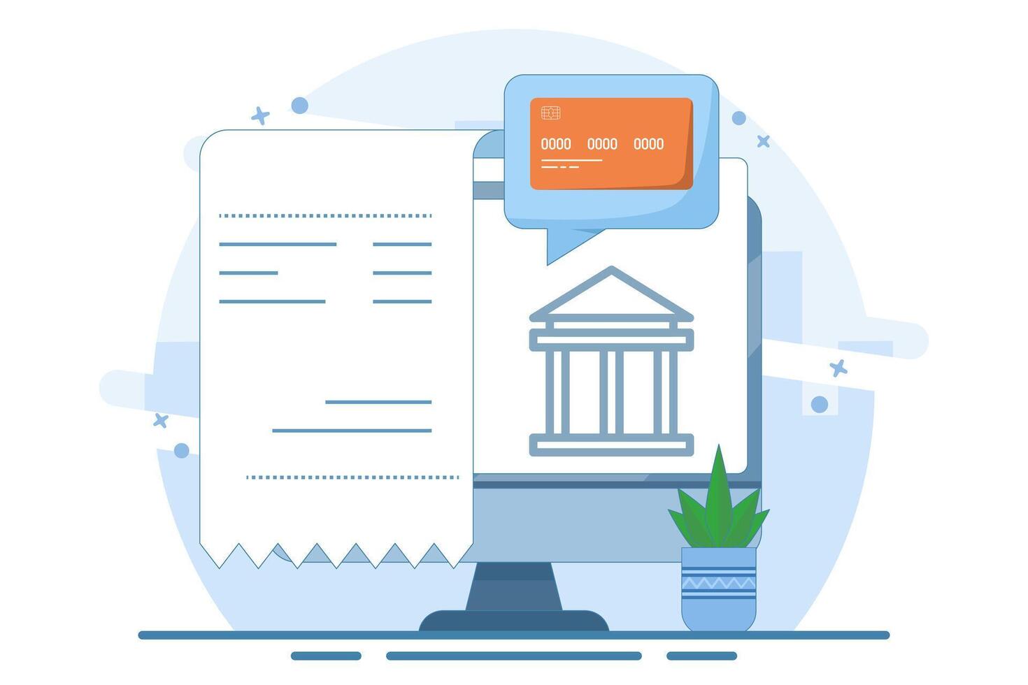 online payment concept on computer, flat cartoon paying big bill via payment card and laptop, financial accounting, electronic payment notification with digital receipt. illustration. vector