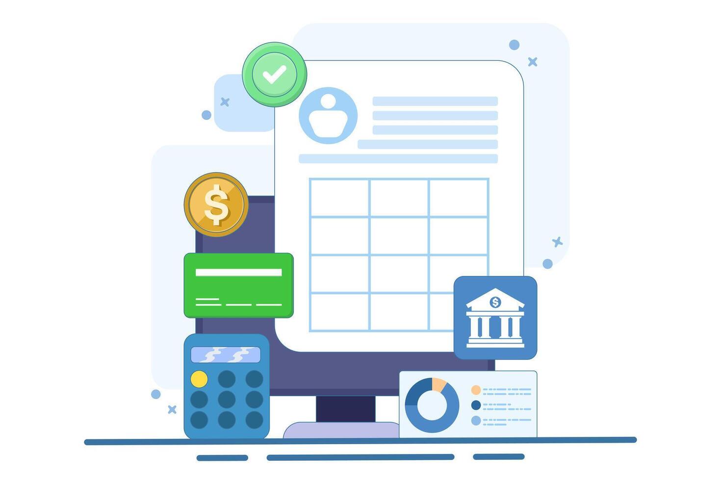 Concept of Online financial transaction management, Cloud based accounting software, Internet banking, Tax management software, flat illustration on background. vector