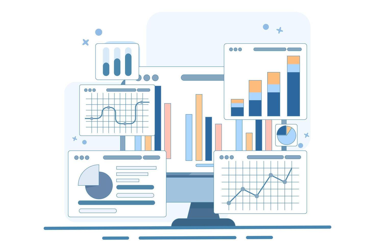 Performance monitoring concept. Research results and data analysis. Dashboards displaying growth data and statistical graphs. Devices with financial reports on the screen. vector