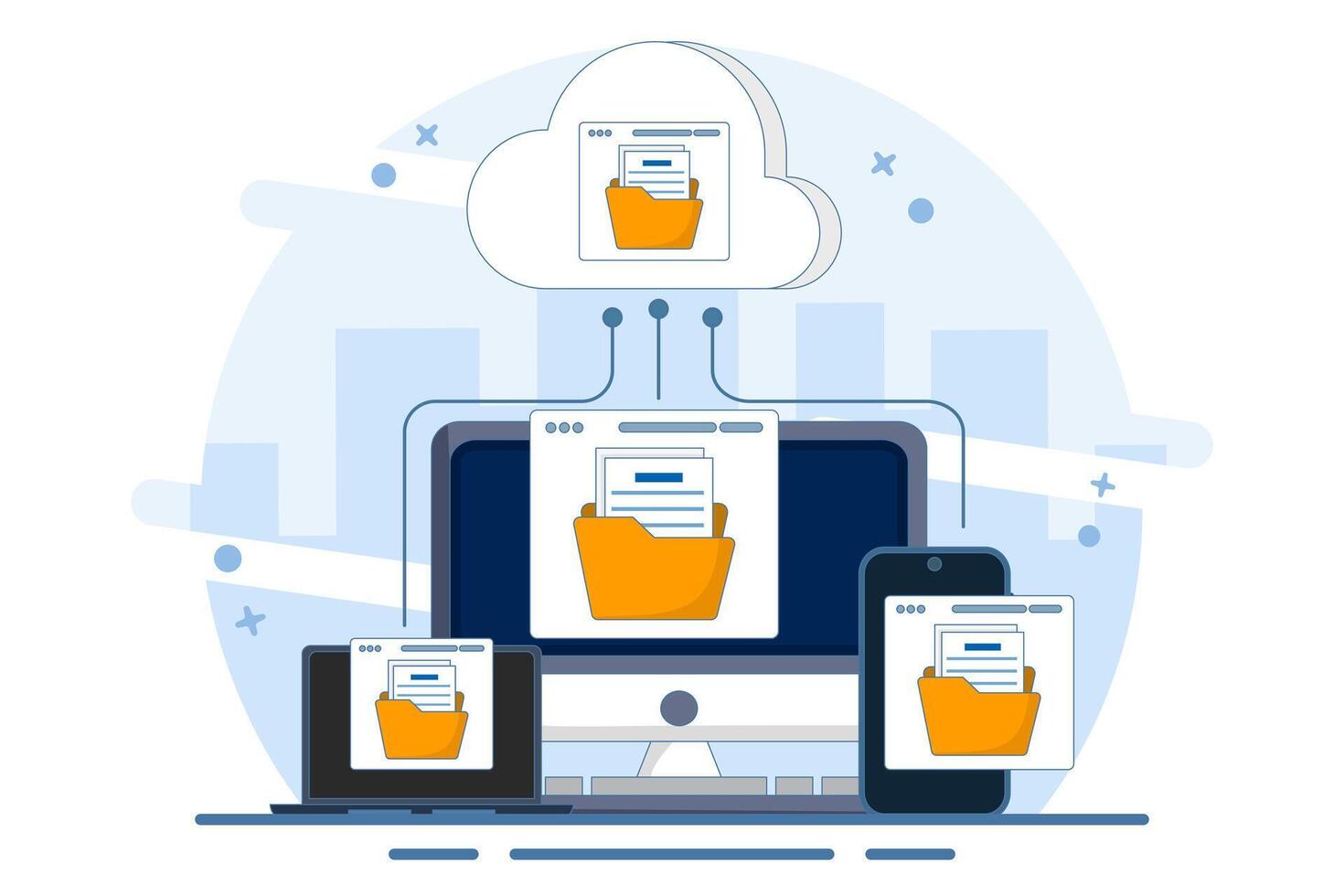 Cloud computing concept with computer monitor, laptop and smart phone device in processing information and uploading and downloading data, cloud service data storage or transfer. flat illustration. vector