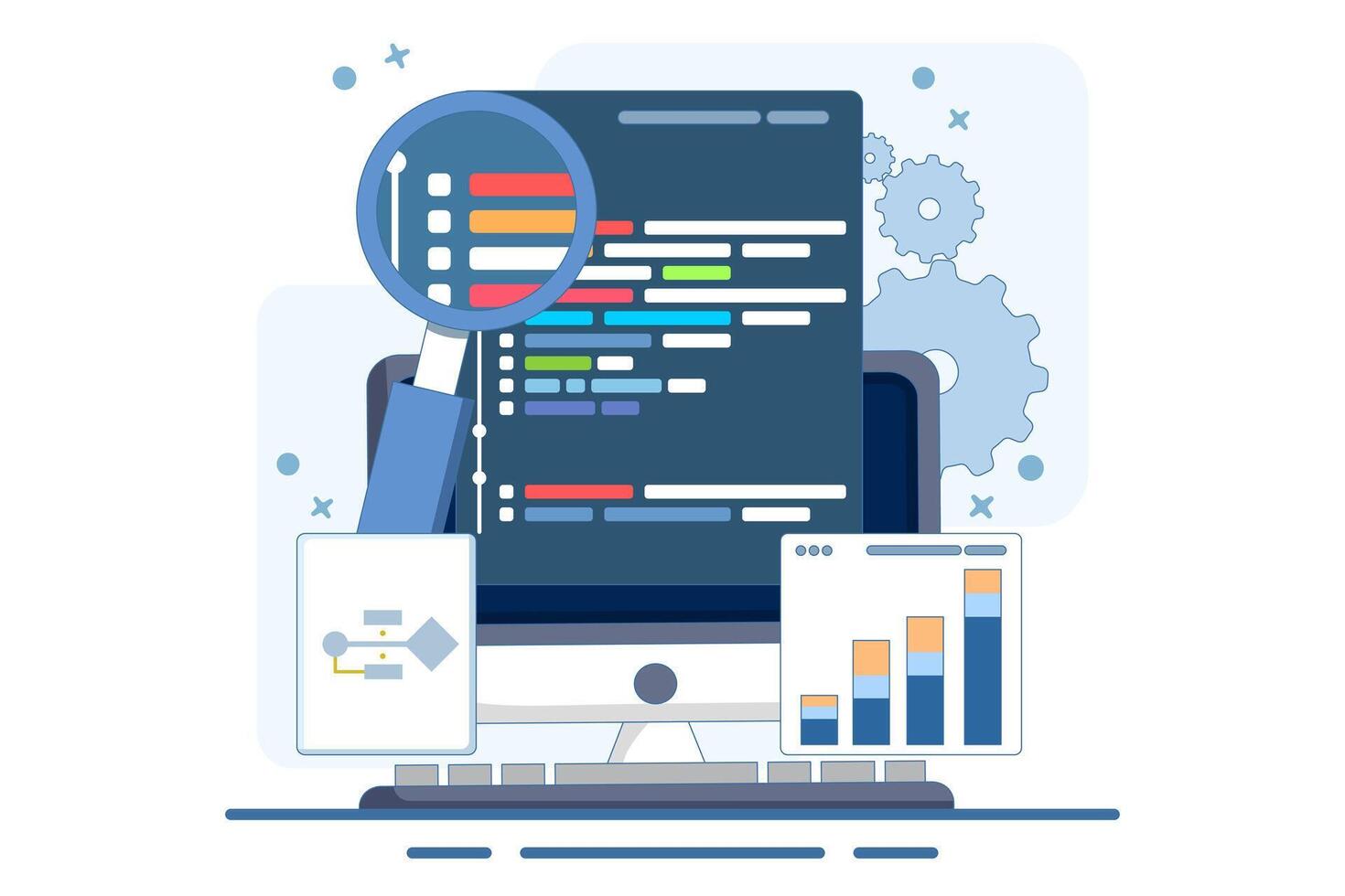 Computer programming concept or software or game development. illustration with coding symbols and programming windows. Information technology and computer engineering. Flat illustration. vector