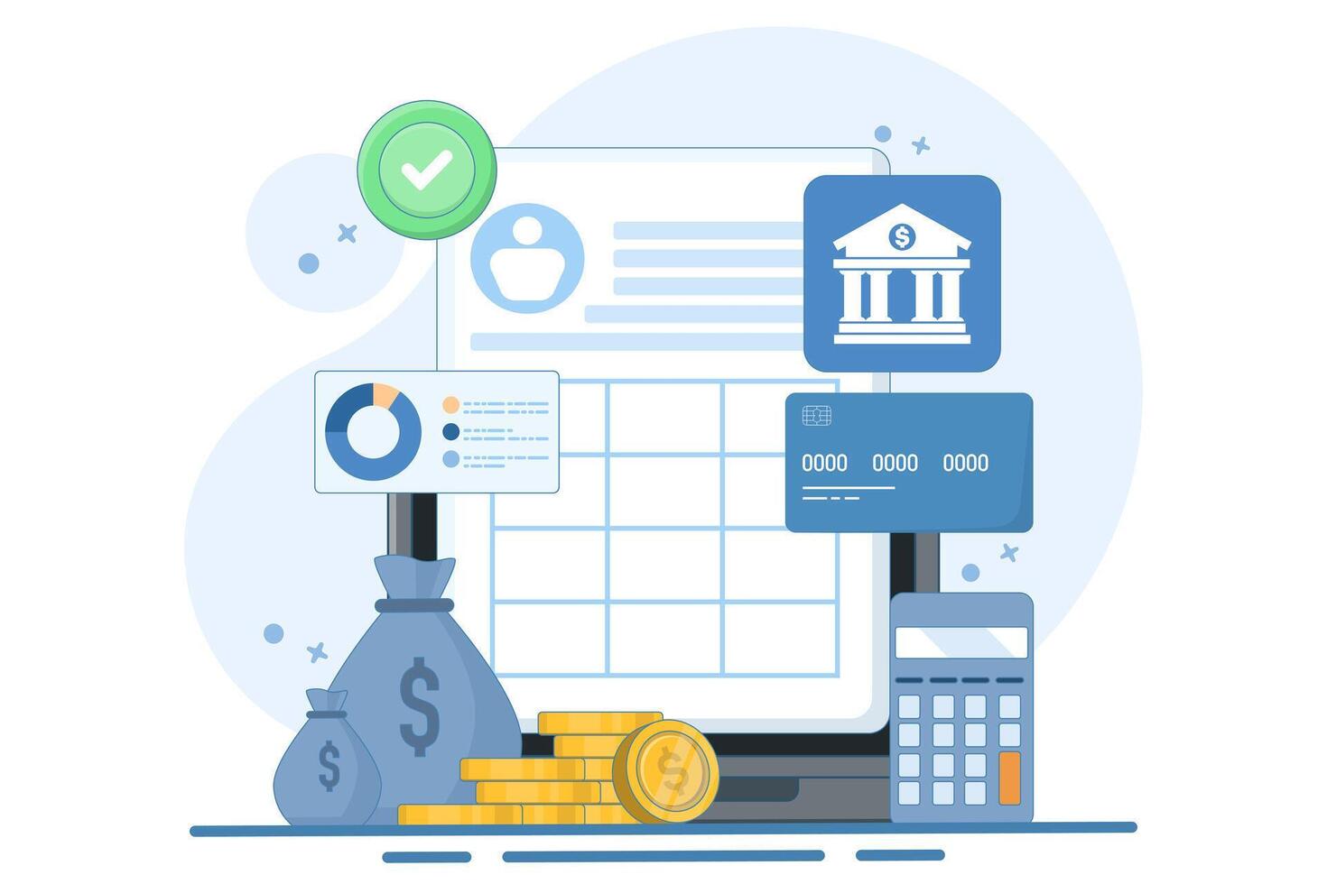 Concept of Online financial transaction management, cloud based accounting, Internet banking software, Tax management software, flat illustration. vector