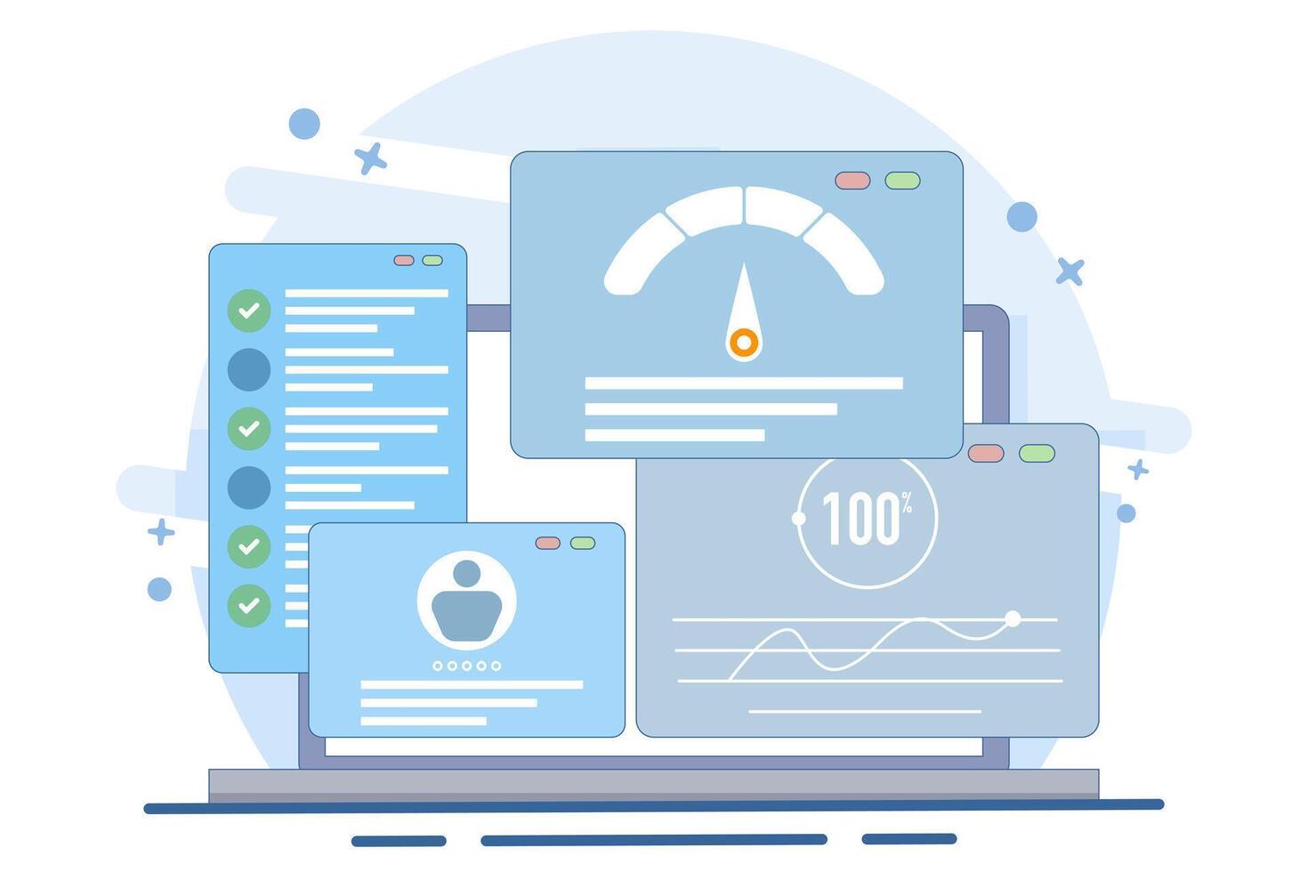 Flat illustration concept of usability testing, QA engineering, developer, Tester looking for bugs, Site testing, Software optimization process, checking application functionality. vector