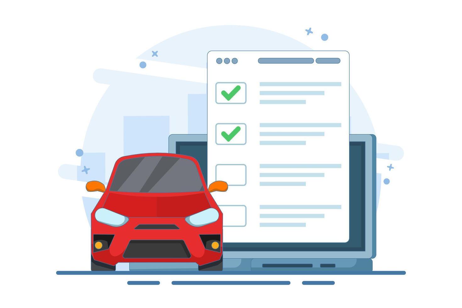 Car vehicle checklist inspection concept or car maintenance technical service flat graphic illustration, car safety inspection review, buy automotive verification inspection. illustration. vector