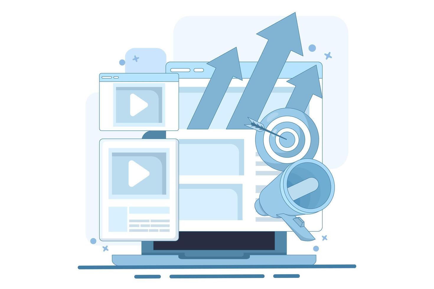 Website marketing concept, SEO, analytics, Social media, marketing, Digital marketing strategy, Search marketing, Content marketing, promotion. Flat design illustration. vector