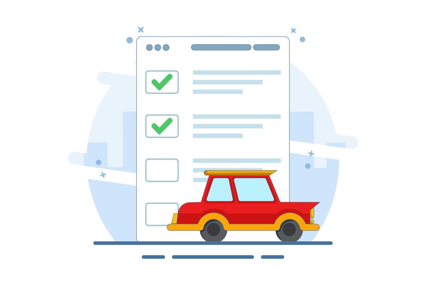 Car vehicle checklist inspection concept or car maintenance technical service flat graphic illustration, car safety inspection review, buy automotive verification inspection. illustration. vector