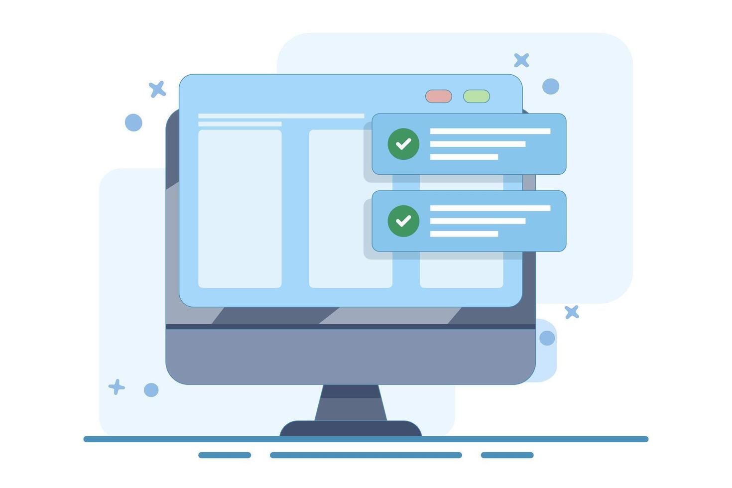 web updated to-do list with check mark on laptop computer flat cartoon, website success notification concept with check mark, internet online digital check on pc report. vector