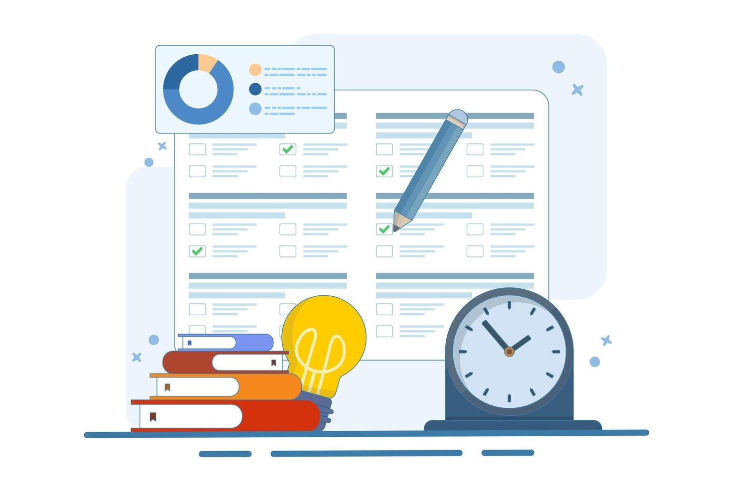 Concept of online exams on smartphones or computers. Online exams, opinion checklists, online education, questionnaire forms, survey metaphors, answering internet quizzes. vector