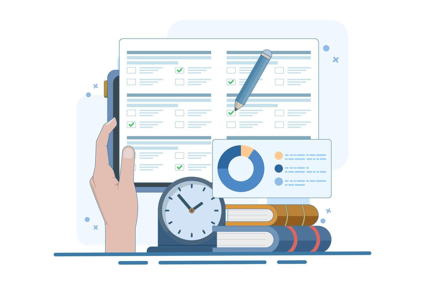 Concept of online exam on smartphone or computer. Online exam, opinion checklist, online education, questionnaire form, survey metaphor, answer internet quiz. Flat illustration. vector