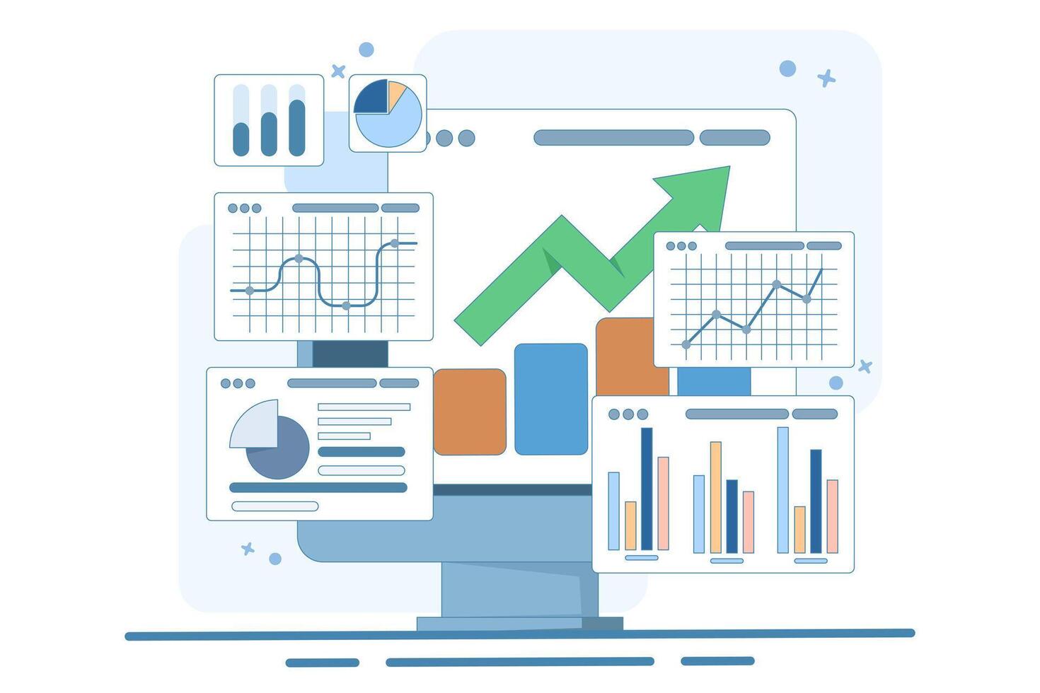 Performance monitoring concept. Computer with financial reports on screen. Research results and data analysis. Dashboard displaying growth data and statistical graphs. vector